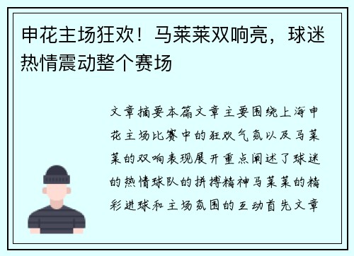 申花主场狂欢！马莱莱双响亮，球迷热情震动整个赛场